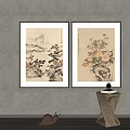 Two Framed Paintings Landscape And Floral Artwork On Gray Wall With Decorative Object
