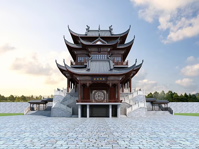 Ancient Chinese Architecture with Traditional Multi Eaves Wooden Structure Stone Steps and Square 3d model