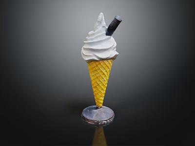 Creamy Vanilla Ice Cream In Golden Waffle Cone With Chocolate Stick Topping 3d model