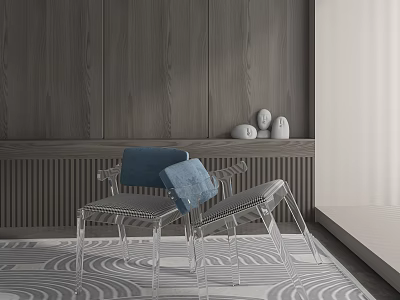 Transparent Acrylic Chair with Blue Cushion on Wave Patterned Rug by Gray Wooden Wall 3d model