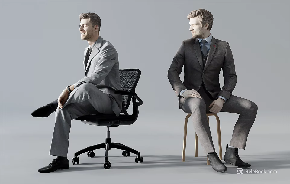 Two Men in Formal Suits Sitting on Office Chair and Wooden Chair in Studio 3d model 