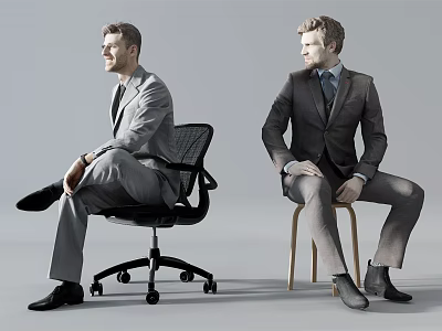 Two Men in Formal Suits Sitting on Office Chair and Wooden Chair in Studio 3d model