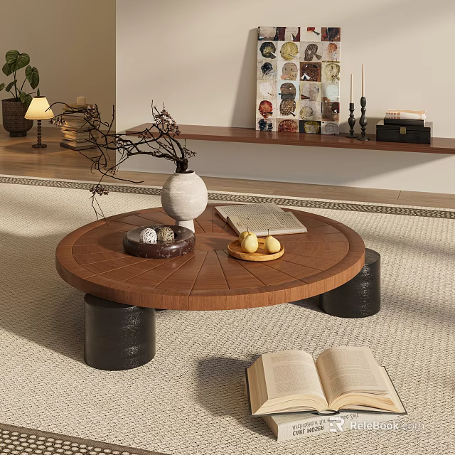 Round Wooden Coffee Table With Black Legs White Vase Branches Tray Eggs And Lemon Plate 3d model 