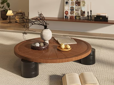 Round Wooden Coffee Table With Black Legs White Vase Branches Tray Eggs And Lemon Plate 3d model
