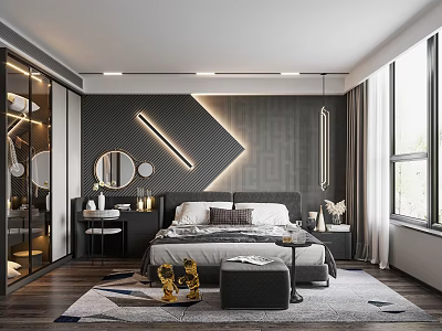 Modern Bedroom Interior with Dark Walls Geometric Pattern Decor and Cozy Rug 3d model