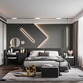 Modern Bedroom Interior with Dark Walls Geometric Pattern Decor and Cozy Rug