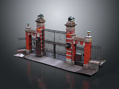 Entrance Gate Featuring Red Brick Pillars Stone Lion Statues Black Iron Grille And Green Lamps 3d model