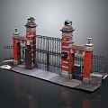 Entrance Gate Featuring Red Brick Pillars Stone Lion Statues Black Iron Grille And Green Lamps