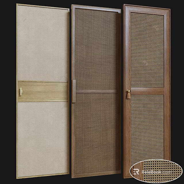 Modern Wooden Casement Door With Mesh Panel And Natural Wood Finish Design 3d model 