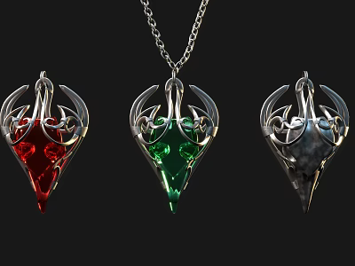 Elegant Pendant Necklaces with Colored Gemstones Silver Frame and Three Different Colors Red Green Black 3d model