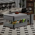 White Coffee Table With Storage Compartment And Snacks Near Beige Sofa And Green Retro Fridge
