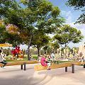 Park Landscape with Mushroom Shaped Play Structures Slides Green Grass Pathways Trees and Children Playing