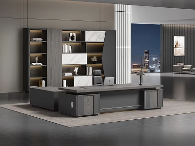 Modern Office Interior With Large Desk Bookshelf And Floor to Ceiling Window City Night View 3d model