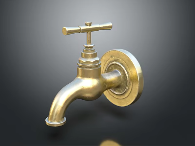 Golden Vintage Wall Mounted Brass Faucet With Cross Handle Polished Shiny Surface And Classic Design 3d model