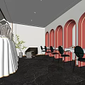 Elegant Modern Wedding Dress Store Interior With White Gown Arched Mirrors And Marble Floor