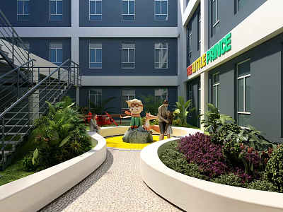 Modern Courtyard Garden Landscape Featuring Green Plants Purple Flowers Yellow Circular Area And Cartoon Statues 3d model