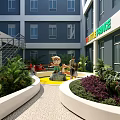 Modern Courtyard Garden Landscape Featuring Green Plants Purple Flowers Yellow Circular Area And Cartoon Statues
