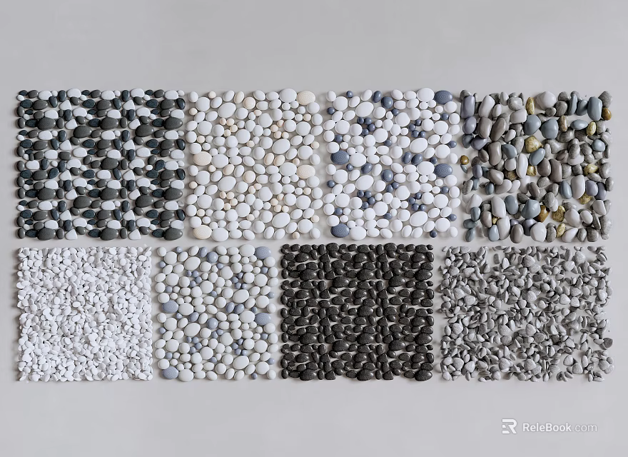 Stone And Wood Decorative Materials Featuring Various Pebble Textures For Home Design 3d model