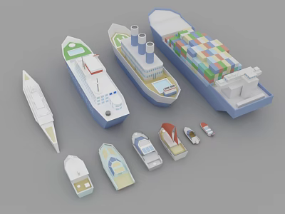 Different Types of Water Vehicles Including Container Ship Cruise Ship and Small Boats 3d model