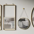 Various Shaped Mirrors With Golden Frames Wall Mounted Reflecting Interior Scenes 3d model