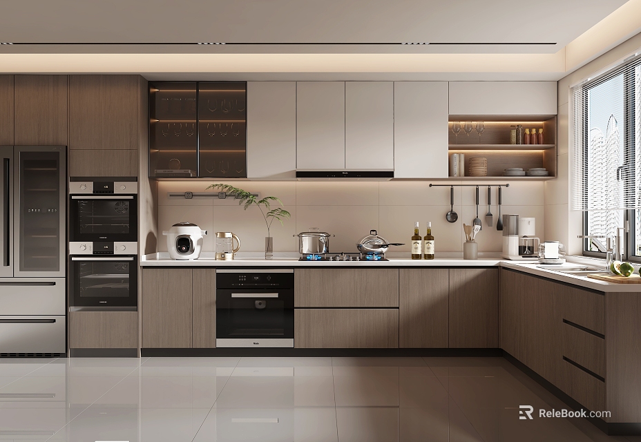 Modern Kitchen Interior Design With Wooden Cabinets Stainless Steel Appliances And Countertop 3d model 