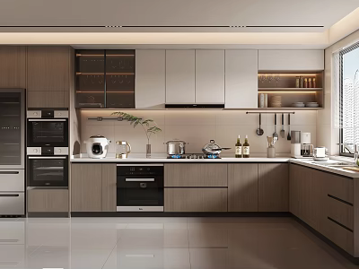Modern Kitchen Interior Design With Wooden Cabinets Stainless Steel Appliances And Countertop 3d model