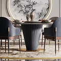 Elegant Modern Dining Room With Round Table Blue Chairs Gold Chandelier Display Shelves And Artwork