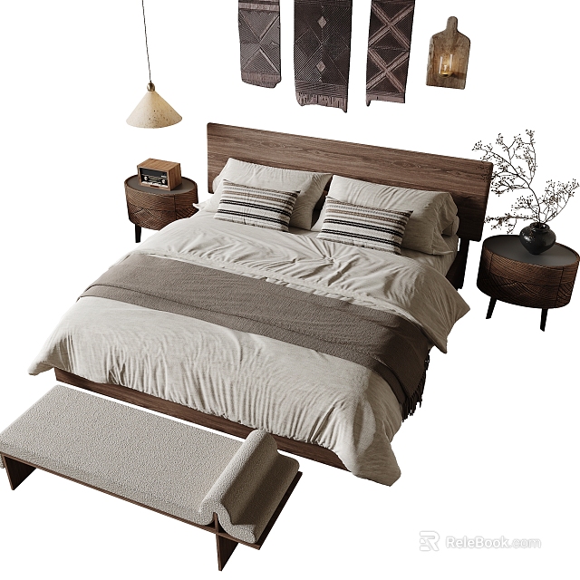 Modern Double Bed Interior With Wooden Headboard Striped Pillows Cozy Bedding And Nightstand Lamp 3d model 