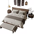 Modern Double Bed Interior With Wooden Headboard Striped Pillows Cozy Bedding And Nightstand Lamp
