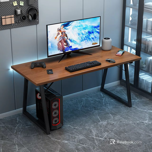 Wooden Top Gaming Computer Desk with Black Metal Frame LED Strip Lights PC Tower Accessories 3d model 