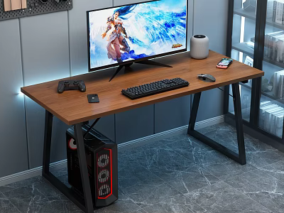 Wooden Top Gaming Computer Desk with Black Metal Frame LED Strip Lights PC Tower Accessories 3d model