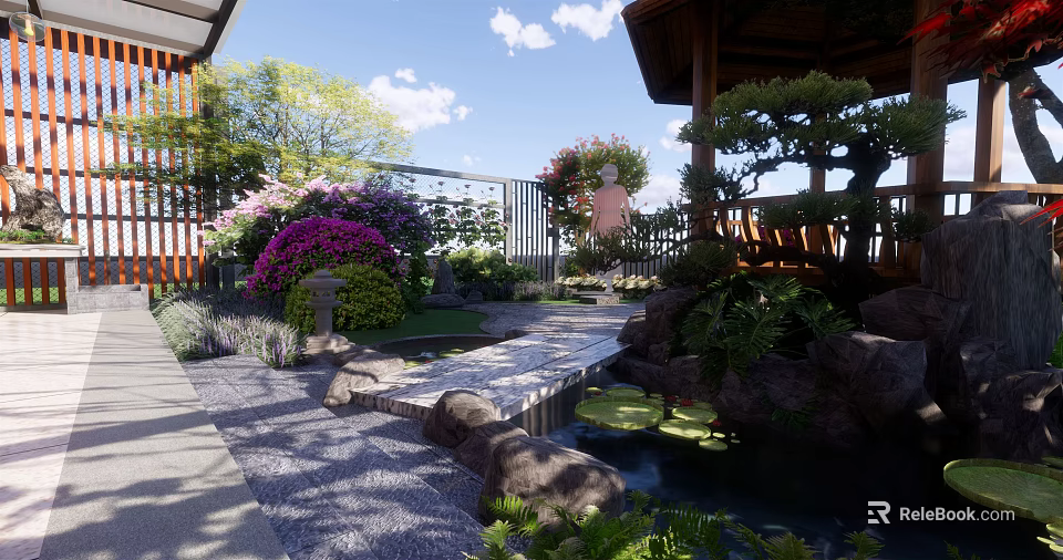 Garden Landscape Design With Stone Path Pond Wooden Gazebo And Colorful Flowers 3d model 
