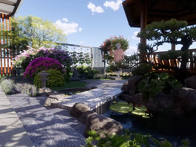 Garden Landscape Design With Stone Path Pond Wooden Gazebo And Colorful Flowers 3d model