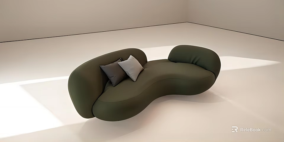 Dark Green Curved Sectional Sofa with Dark Gray and Light Gray Pillows in White Room 3d model 