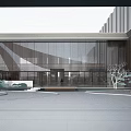 Modern Sales Office Building with Glass Facade Open Courtyard and Water Features