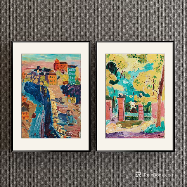 Two Framed Colorful Landscape Paintings with Vibrant Town Scenery and Garden View 3d model 