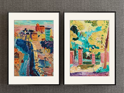 Two Framed Colorful Landscape Paintings with Vibrant Town Scenery and Garden View 3d model