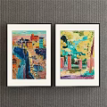 Two Framed Colorful Landscape Paintings with Vibrant Town Scenery and Garden View