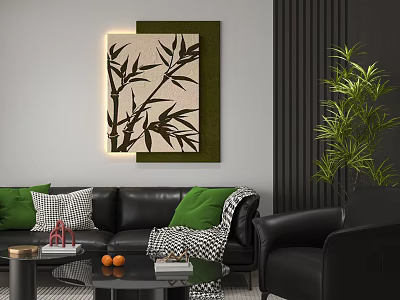 Black Sofa Coffee Table Set With Green Cushions Oranges Books Bamboo Painting And Green Plant 3d model