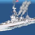 American Battleship Sailing On Blue Sea With Smoke Billowing And Flag Flying