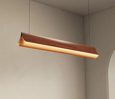 Modern Minimalist Wooden Linear Pendant Light With Warm Illumination Against Light Colored Wall Interior 3d model