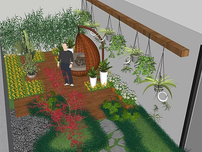 Rooftop Garden Design With Wooden Deck Hanging Chair Hanging Plants Flowers Shrubs And Stone Path 3d model