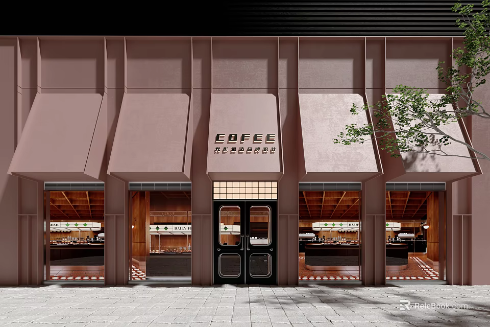 EBEE Accessories Storefront with Pink Awnings Wooden Windows and Black Doors 3d model 