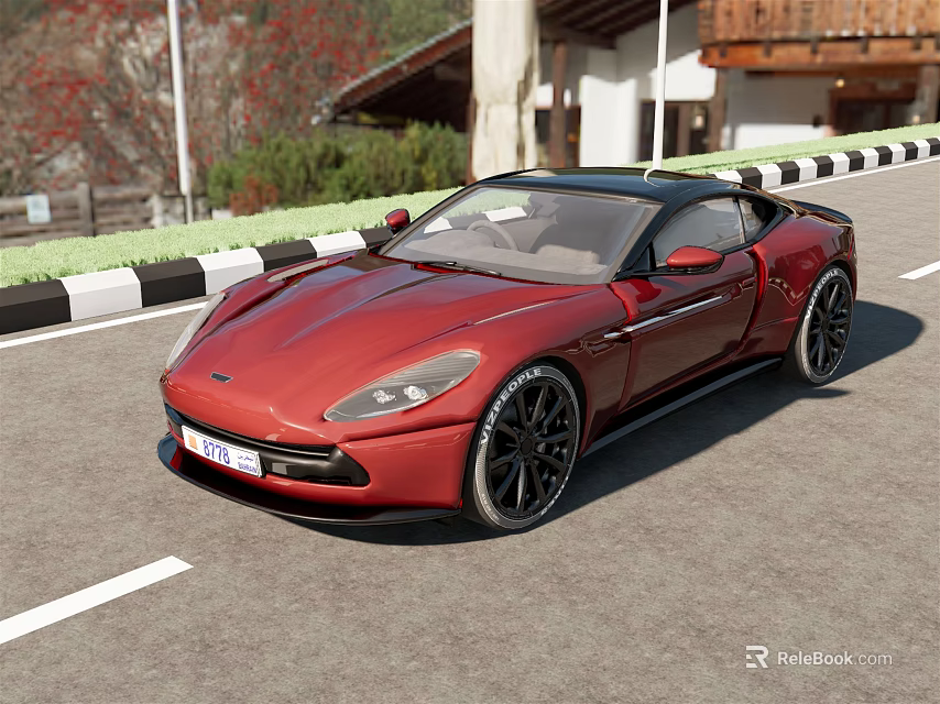 Sleek Red Sports Car Exterior Design Parked On Scenic Road With Trees And Buildings 3d model 