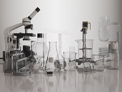 Industrial Laboratory Equipment With Microscope Glass Beakers Flasks And Metal Stands 3d model