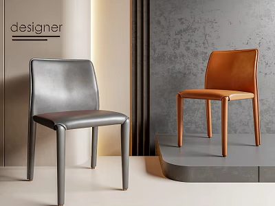 Modern Designer Dining Chairs With Gray Leather Brown Upholstery And Wooden Legs Against Textured Wall 3d model
