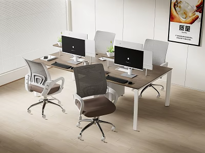 Modern Office Desk Setup With Computer Monitors Mesh Office Chairs Potted Plants And Window Blinds 3d model