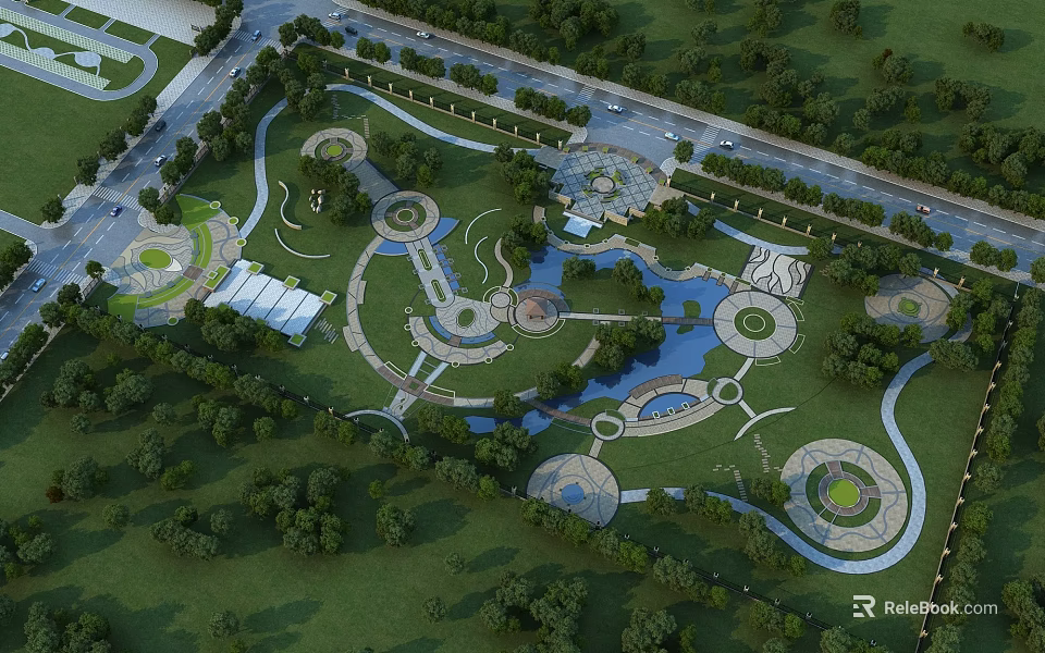 Park Landscape Design With Winding Paths Water Features Circular Lawns And Green Trees 3d model 