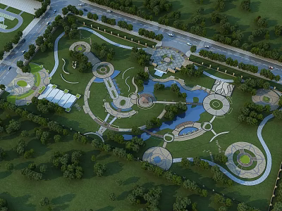 Park Landscape Design With Winding Paths Water Features Circular Lawns And Green Trees 3d model