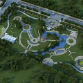 Park Landscape Design With Winding Paths Water Features Circular Lawns And Green Trees